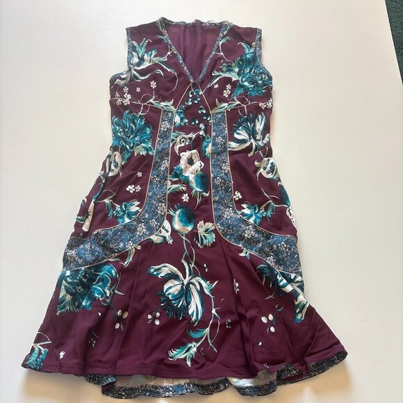 Roberto Cavalli Forbidden Fruit Sleeveless Dress Floral Maroon Blue V Neck - Picture 2 of 11